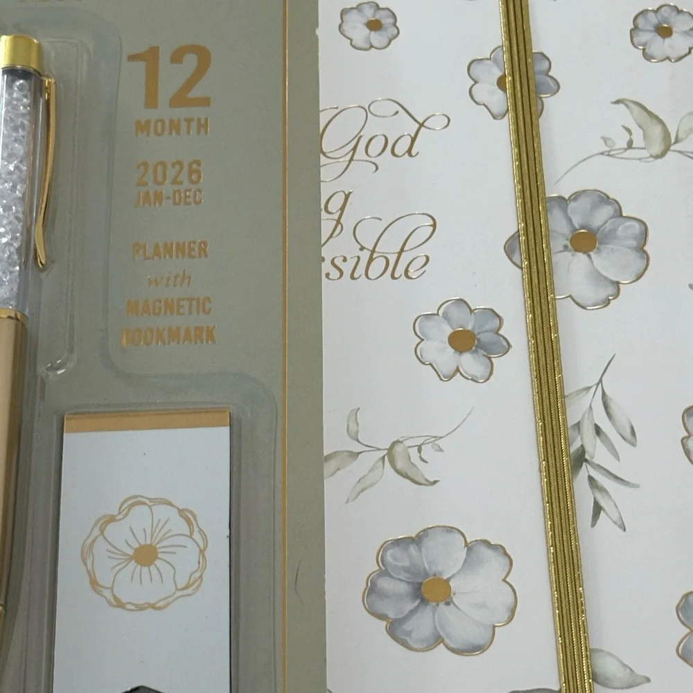 12 Month Planner 2026 With God Anything is PossibleTrimmed in Gold / Flower